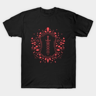 Abstract Red Polyhedral D20 Dice Set Sword Monogram Splatter T-Shirt